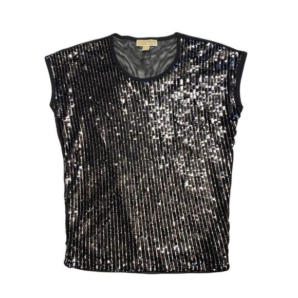 Michael Kors MK Black Sequin Cap Sleeve Top Small - Picture 1 of 6